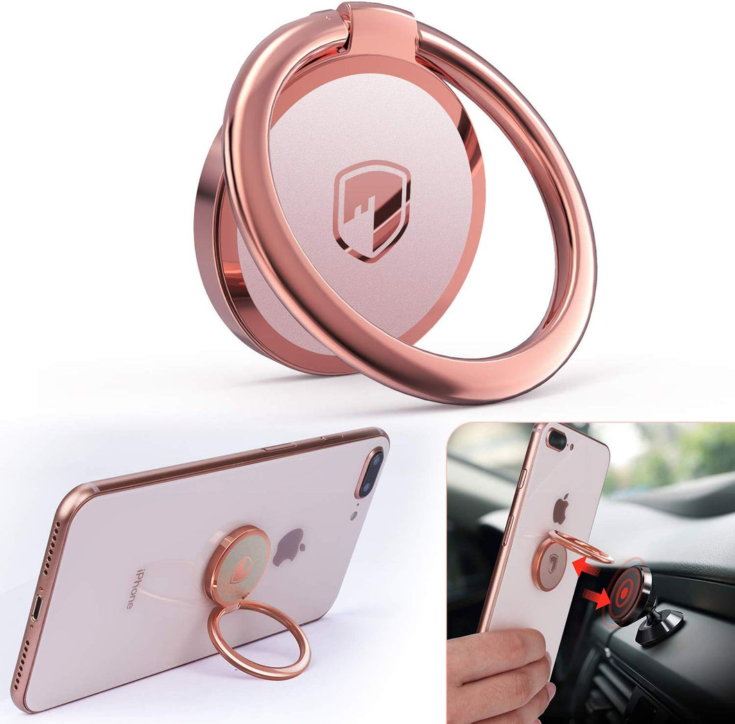 Phone Ring Holder Finger Kickstand - FITFORT 360° Rotation Metal Ring Grip for Magnetic Car Mount Compatible with All Smartphone-Rose Gold